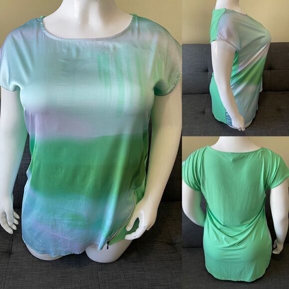 Asymmetrical Mixed Media Blue & Green Tunic - Picture 1 of 4